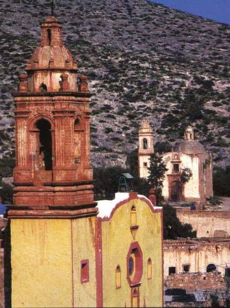 The Cerro de San Pedro Church (in foreground) and the San Nicolas Church, in Cerro de San pedro