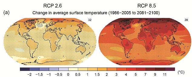 Future Planet: These projections of global temperature change based on two different climate scenarios show the world from 1986-2005 and what could unfold at the end of this century with a rise in average temp from 32 to 39 degrees centigrade 